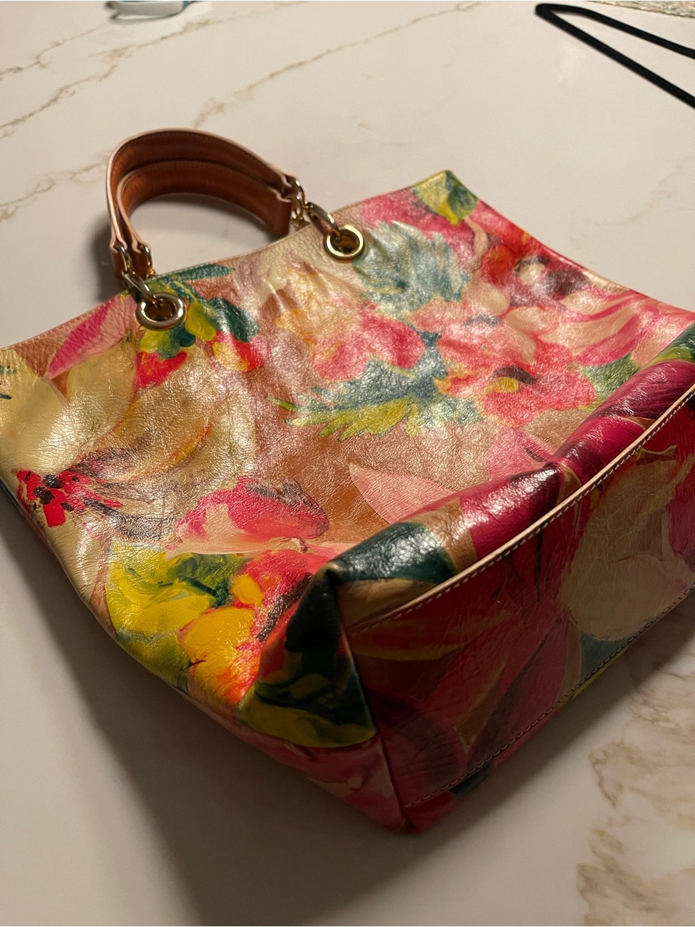 Maurizio Taiuti Multicolor Floral Leather Tote with Gold Hardware